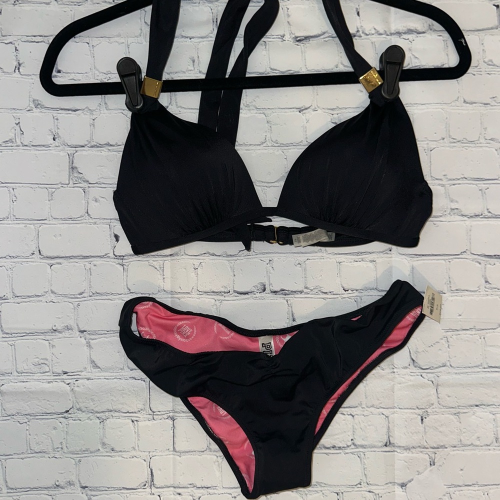 PINK Victoria's Secret Black and Pink Textured Bikini